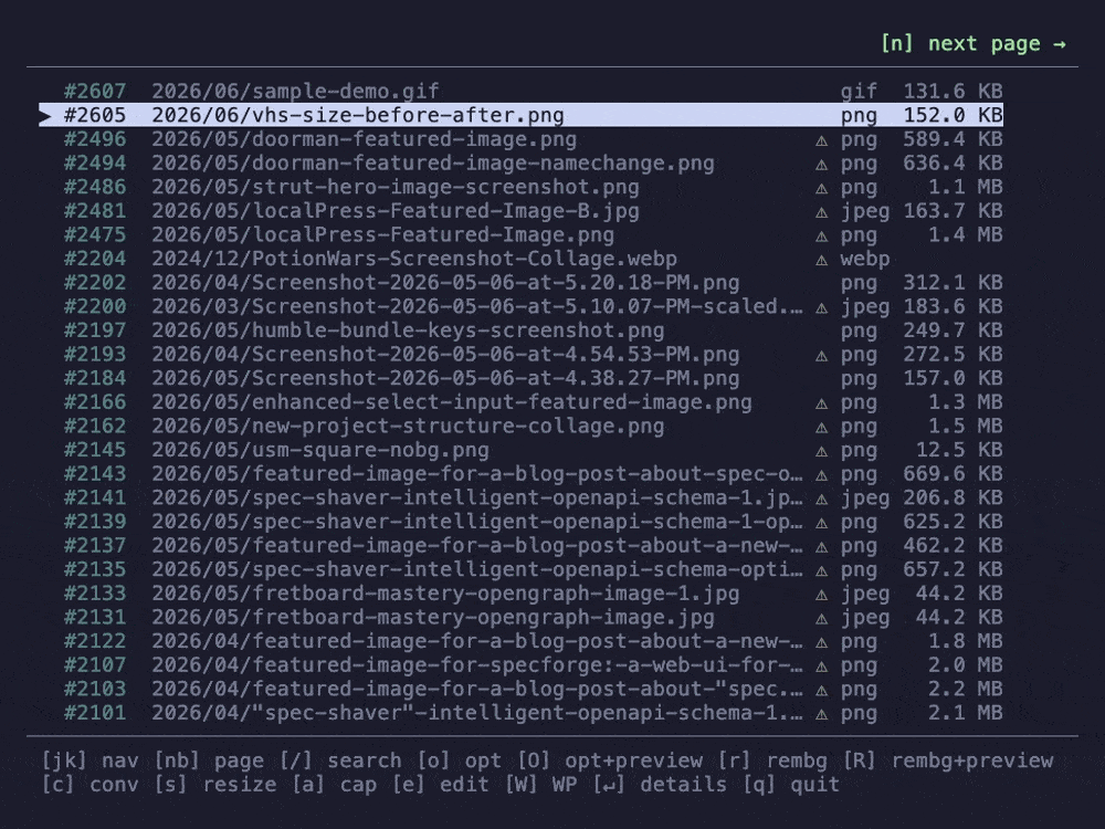 localPress interactive media browser: navigate items, view details, and configure optimization from the terminal