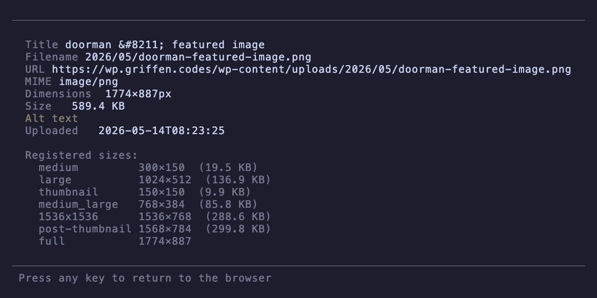 localPress detail view — full metadata including dimensions, alt text, registered sizes, and processing status