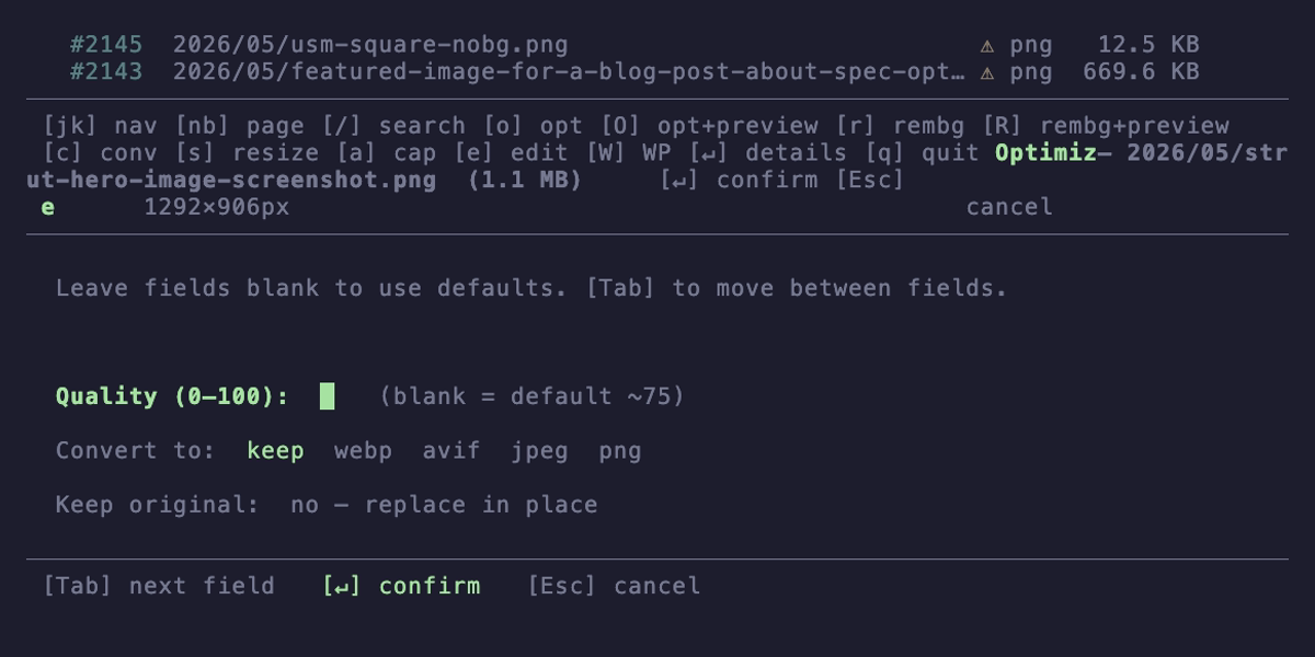 localPress optimize settings — configure quality, format conversion, and replace-in-place from an inline overlay