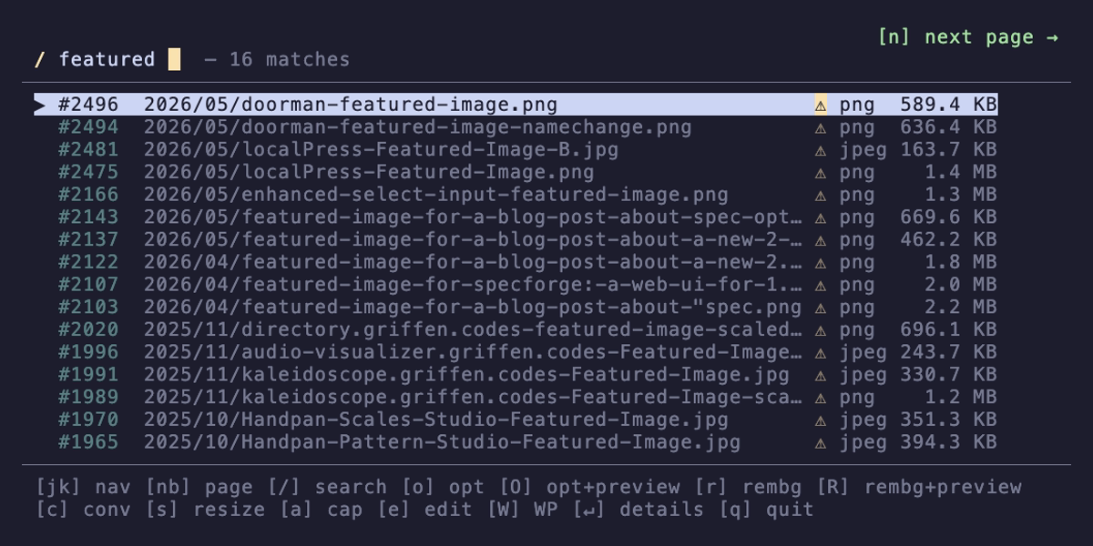 localPress search filter — live filtering narrows your media library as you type